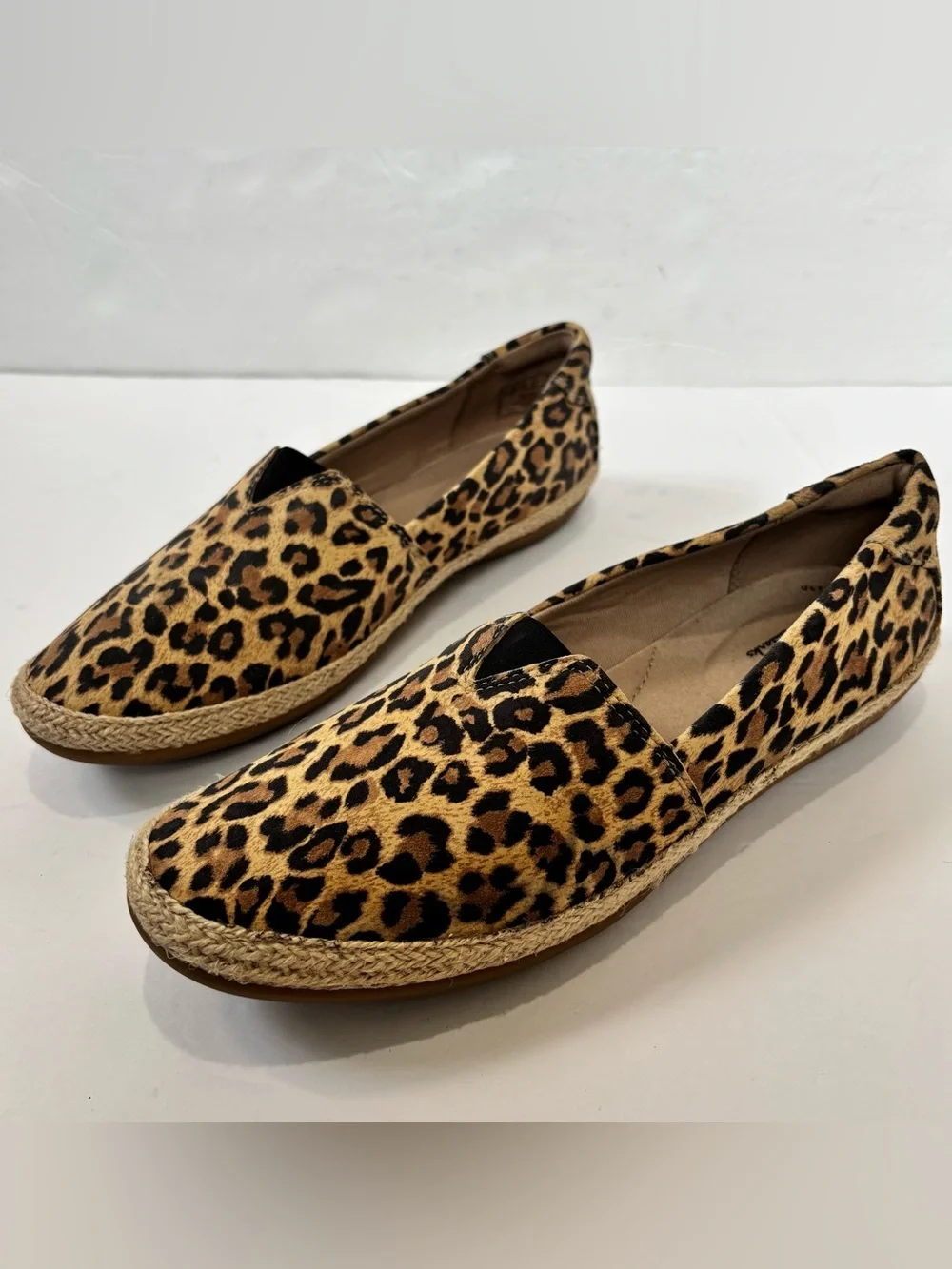 CLARKS Tan Leopard Print Suede Danelly Sky Espadrille Perforated Slip On Flats